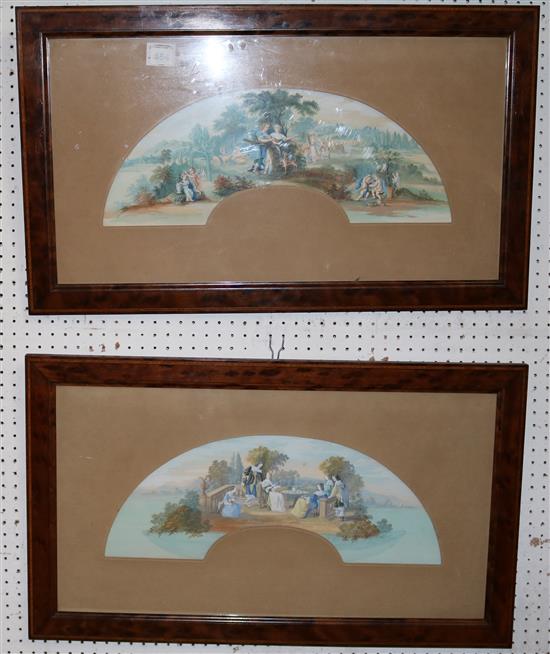 19th century French School Fan leaf designs depicting The Seasons and an elegant company, overall 8 x 20in.